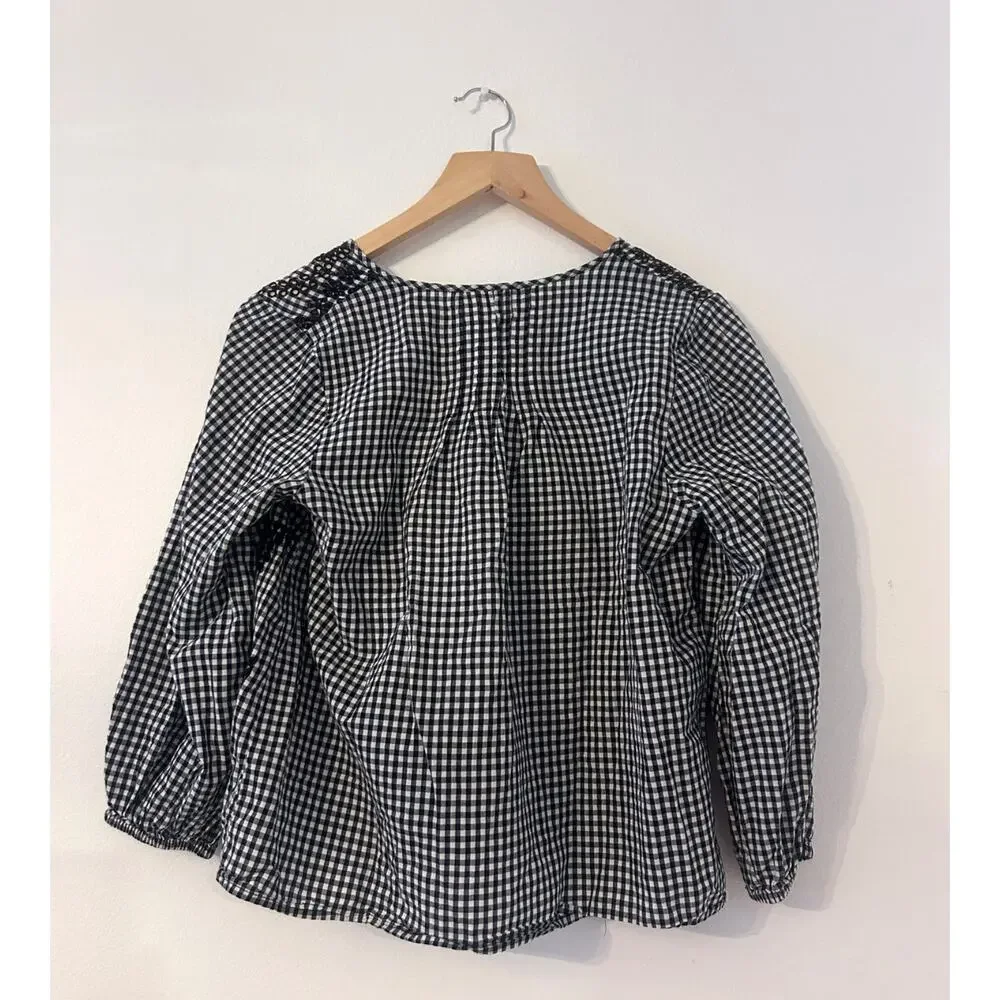 J.Crew Black & White Plaid Floral Detail Blouse M